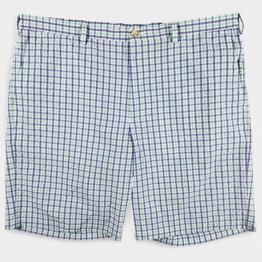 Peter Millar Men's Featherweight Seersucker Shorts 42R Blue Green Check Crown